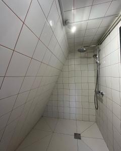 a bathroom with a shower with white tiles at Схованка in Yaremche