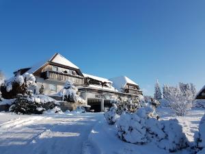 a house covered in snow with trees and bushes at Hotel Zum Poppschen Gut in Olbernhau