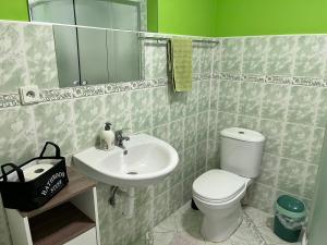 a bathroom with a white toilet and a sink at Penzion Pomodoro in Vrbno pod Pradědem