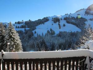 a view of a snow covered mountain with a fence at Chalet Henri by Interhome in Moleson