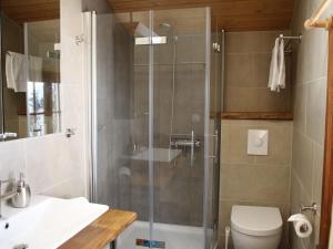 a bathroom with a shower and a toilet and a sink at Chalet Henri by Interhome in Moleson