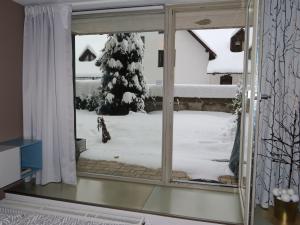 a room with a window with a snow covered tree at Studio Čertovka U jelena by Interhome in Harrachov