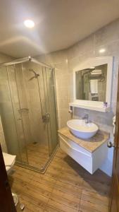 a bathroom with a shower and a sink and a mirror at Kaleici Hotel in Antalya