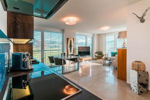 瓦瑟堡Poolhaus Bodensee ideal für Geschäftsreisende的一个带台面的厨房和一间客厅