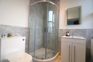 uma casa de banho com um chuveiro, um WC e um lavatório. em No 10 @Short Stays em Basingstoke