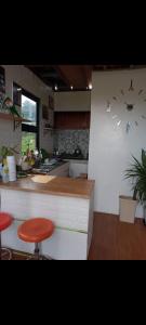 uma cozinha com um balcão com pássaros na parede em shelos Happy Place by the View em Dávao