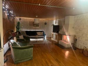 a living room with a couch and a fireplace at Ferienhaus in Broakulla mit Sauna in Broakulla