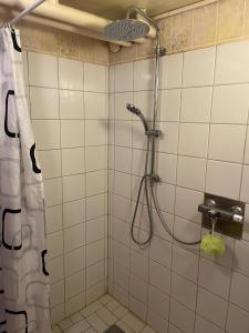 uma casa de banho com chuveiro e cabeça de chuveiro em Ferienhaus in Broakulla mit Sauna em Broakulla