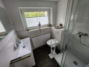 uma casa de banho com um WC, um lavatório e um chuveiro em Fewo Hafenblick em Kühlungsborn