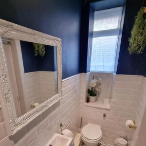 a bathroom with a toilet and a sink and a mirror at Inverness City Centre Flat in Inverness