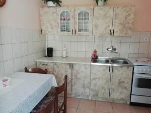 a small kitchen with a sink and a table with a table at Apartman Zlata in Ražanac