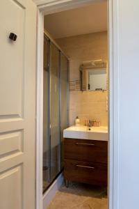 een badkamer met een wastafel en een douche bij La Bouillerie du Manoir des Bréholles in Goustranville