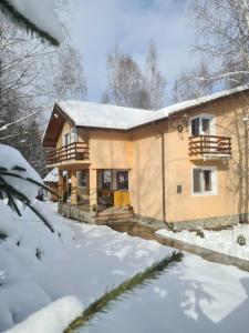 a house in the snow with a snow covered yard at CASA VISTISOARA in Viştea de Sus