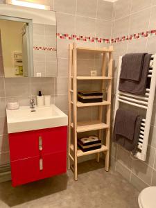 a bathroom with a red sink and a red shelf at Newly Renovated Ground Floor Apartment close to Thermes in Luchon +28 photos