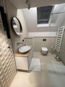 ein Bad mit einem Waschbecken und einem WC in der Unterkunft RIVER'S TOUCH Apartament Grand z widokiem na Odrę in Stettin
