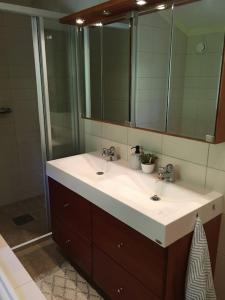 a bathroom with a sink and a mirror and a shower at Moonvalley Lodge - stort & koselig hus - Måndalen in Sæbø