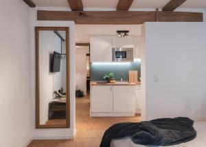 uma sala de estar com um espelho e uma cozinha em St. Salvator Apartments em Fulda