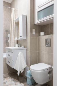 Un baño con inodoro, lavabo y espejo. en Central Park View, en Almaty 23 fotos más