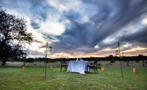 a table in a field under a cloudy sky at Mohlabetsi Safari Lodge in Hoedspruit