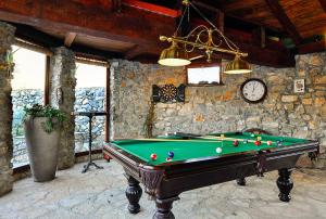 uma mesa de bilhar num quarto com uma parede de pedra em Magnificent Villa Olka With Private Pool and Sauna em Žeževica