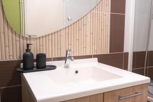 La salle de bains est pourvue d'un lavabo blanc et d'un miroir. dans l'établissement Superbe appartement avenue de Champagne + parking, à Épernay
