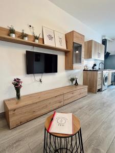 a living room with a flat screen tv on the wall at Apartamentos CEO - Naranja in Ronda
