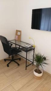 a desk with a chair and a plant in a room at White brick Apartment in Zagreb