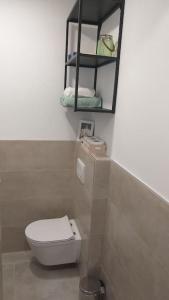 a bathroom with a white toilet and a mirror at White brick Apartment in Zagreb