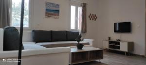 a living room with a couch and a tv at Ch apartment's Mykonos in Ornos