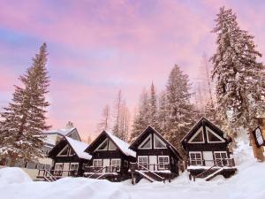 a group of cottages covered in snow at Black Bear Cabin 2 in Whitefish