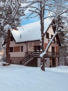 a house with a snow covered roof in the snow at Vila Lucic Zlatibor in Zlatibor