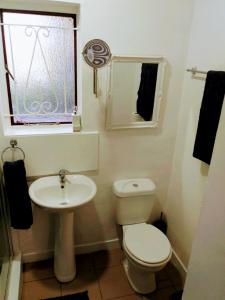 baño con aseo y lavabo y ventana en Santika Getaway Cottage Stellenbosch, en Stellenbosch