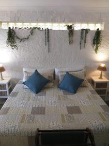 a bedroom with a large bed with blue pillows at Santika Getaway Cottage Stellenbosch in Stellenbosch