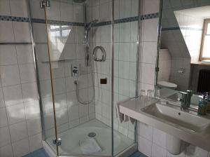 a bathroom with a shower and a sink at Bocksbeutelherberge in Sommerach