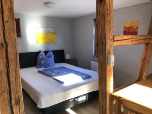 a bedroom with a bunk bed with blue pillows at Café Landart im Thüringer Finistère in Plaue