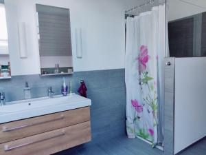 a bathroom with a sink and a shower curtain at Bed & Breakfast Lake View in Steckborn