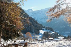 un banco sentado en la cima de una montaña cubierta de nieve en Le Reposoir, en La Comballaz