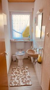 a bathroom with a toilet and a sink and a window at Zum Paradies in Volkertshausen +17 photos