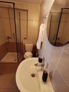 Un baño con lavabo, ducha e inodoro. en Karma, en Kamari 13 fotos más