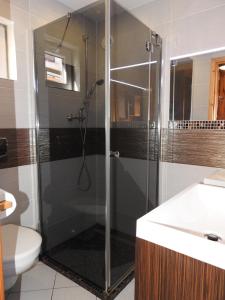 a shower with a glass door in a bathroom at Domki u Skrzata Drewniane in Łeba