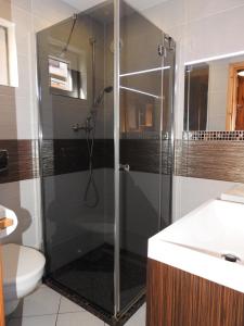 a shower with a glass door in a bathroom at Domki u Skrzata Drewniane in Łeba +70 photos