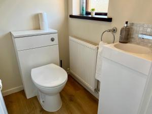 a bathroom with a white toilet and a sink at Beautiful & Private 3 bed detached house with driveway Parking in Bawburgh