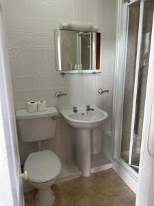 a white bathroom with a toilet and a sink at Clarence House Hotel in Tenby
