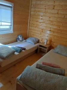 two beds in a room with wooden walls and a window at Domki nad morzem Jula in Wrzosowo