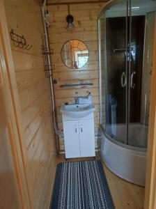 a bathroom with a sink and a shower at Domki nad morzem Jula in Wrzosowo