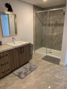 a bathroom with a sink and a shower at Chalets domaine Otis in Saint-Félix-d'Otis