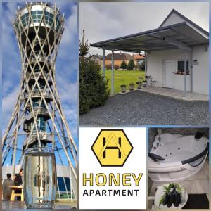a collage of pictures with a honey experiment and a honey apartment at Honey Apartment Lendava in Lendava