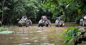 索拉哈的住宿－Hotel Gainda Island Camp，一群人骑在大象的背上,在水中