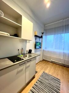 eine Küche mit einer Spüle und einer Arbeitsplatte in der Unterkunft Savi Apartment 3 in Pärnu