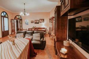 a living room with a couch and a tv at Casa rural con jacuzzi, sauna, barbacoa y barra in Cabeza la Vaca